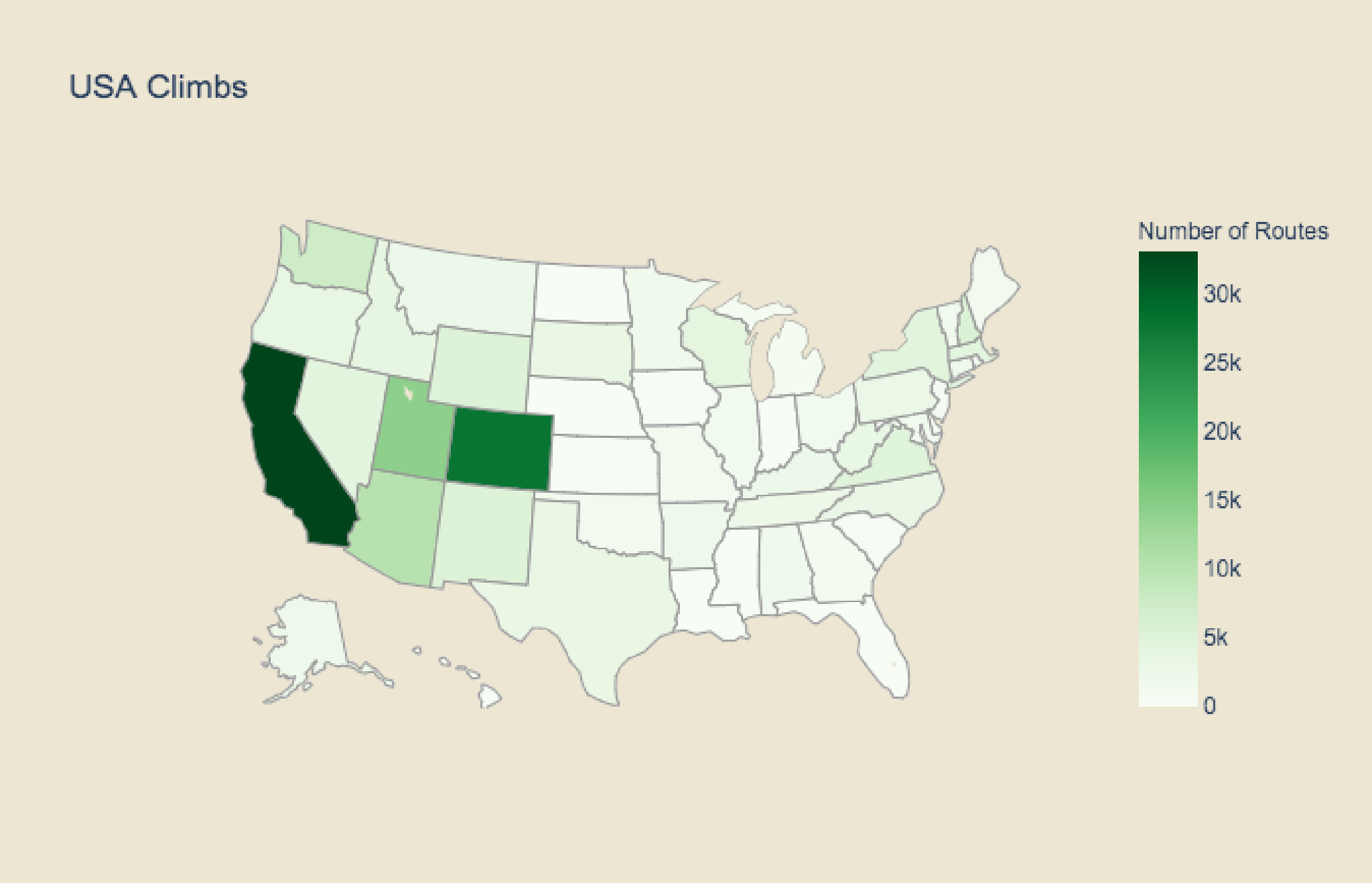 Distribution of Climbing routes in the USA